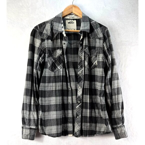 Vans Mens Shirt Gray Black Plaid Snap Front M Western Casual Long Sleeve Pockets - Picture 1 of 16